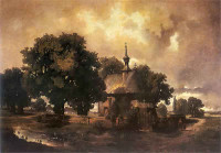 Władysław Aleksander Małecki, "Pejzaż z kościółkiem", rok 1870